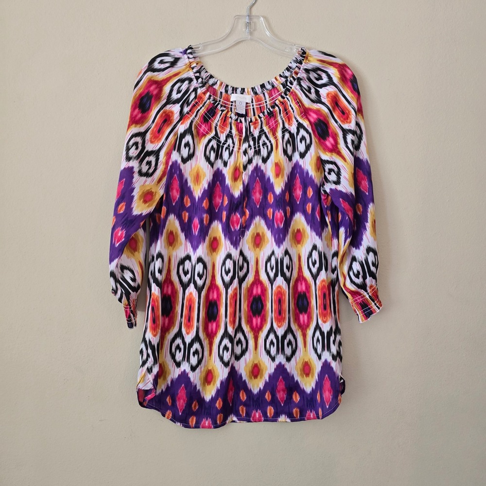 Chico's Ikat Print Smocked Neck Blouse Purple Orange Yellow Size 0 Small